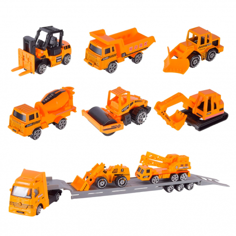 Набір металевих машинок. 9 видів транспорту + причіп до тягача (автовоз). 1:64