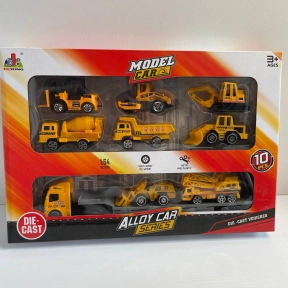 Набір металевих машинок. 9 видів транспорту + причіп до тягача (автовоз). 1:64