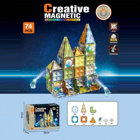Магнітний конструктор на 74 деталі із підсвічуванням, 6 типів деталей, E 138