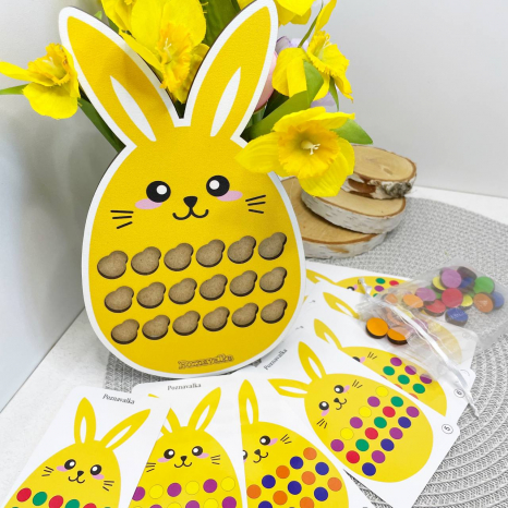 Деревянный желтый зайчик с фишками и карточками задачами Познавалка Poznavalka