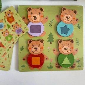 Дерев’яна рамка-вкладиш Медведики з емоціями, геометричні фігури, з картками завданнями F 43606