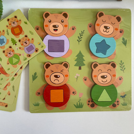 Дерев’яна рамка-вкладиш Медведики з емоціями, геометричні фігури, з картками завданнями F 43606