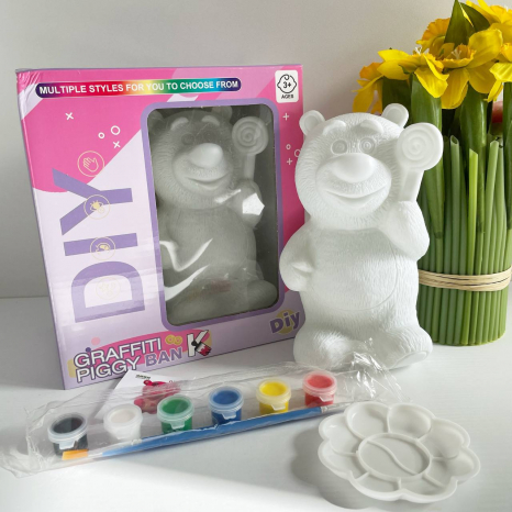 Набір для розпису дитячої копілки Фігурка-розмальовка Ведмедик з пензликом та фарбами FD 888-26