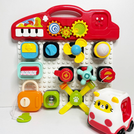 Центр розвиваючий бізіборд-конструктор з піаніно,шестернями,спінер,рух.деталі з світловими-музичними ефектами HE8081