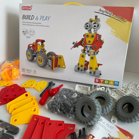 Конструктор 6в1 на 196 элементов, инструменты, пластиковые и резиновые детали, J 7718