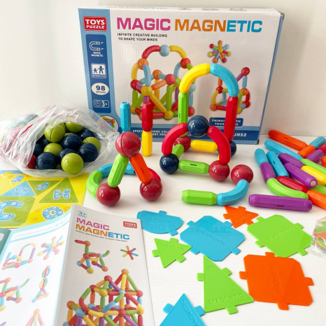 Магнітний конструктор на 98 деталі з кульками, паличками та пластинами для з'єднання, JH 52 C