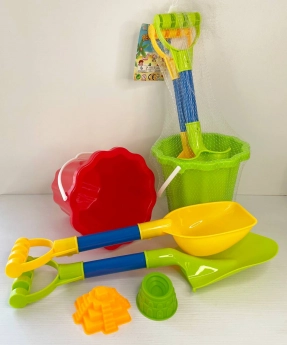 Пісочний набір JX 6853  відро, 2 лопати, 2 формочки, в сітці,  ВИДАЄТЬСЯ ТІЛЬКИ МІКС ВИДІВ