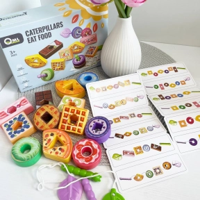 Игра - шнуровка пластиковая Еда 12 элементов, 2 шнурка, 6 карточек, M10D