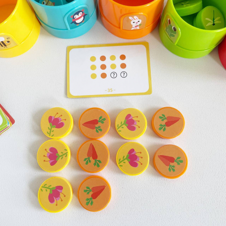 Гра "Класифікація кольорів"  20 карток із завданнями, 25 фішок,5 різнокольорових будиночка