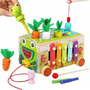 Дерев'яна розвиваюча іграшка каталка на шнурі,ксилофон,риболовля, морква, MD 0729