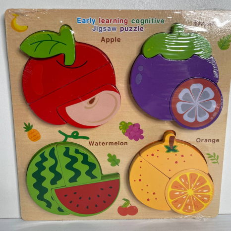 Дерев'яна рамка - вкладиш (пазл) Фрукти з об'ємними фігурами, MD 0771