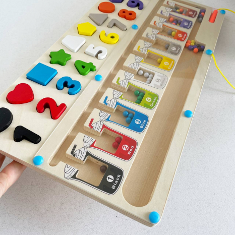 Дерев'яна дошка багатофункціональна 5в1, ігрове поле з магнітнми кульками, цифри, геометричні фігури MD 0812