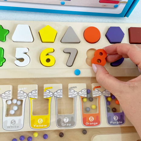 Дерев'яна дошка багатофункціональна 5в1, ігрове поле з магнітнми кульками, цифри, геометричні фігури MD 0812