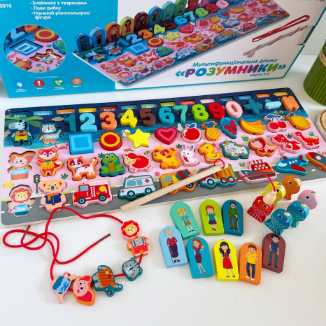 Дерев'яна іграшка Багатофункціональна дошка - розвиваючий сортер Монтессорі із риболовлею, MD 0816