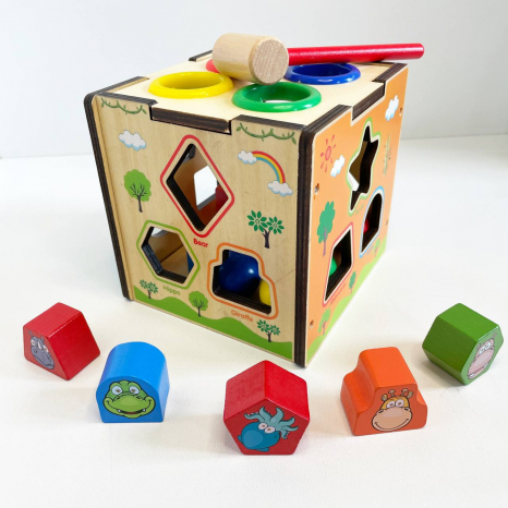 Дерев'яна іграшка Центр розвиваючий MD 0828 куб,сортер,фігури 12шт.,стукалка,кульки 4шт,молоток,кор.