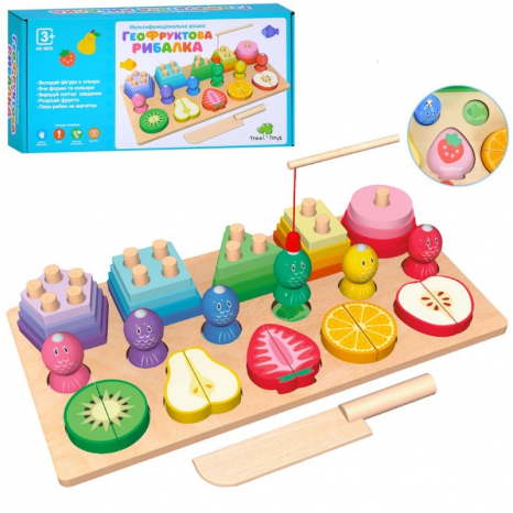 Дерев'яна іграшка Багатофункціональна дошка MD 0856 ігр.поле,геомет.,фрукти-пазли,ніж,риболовля,кор.
