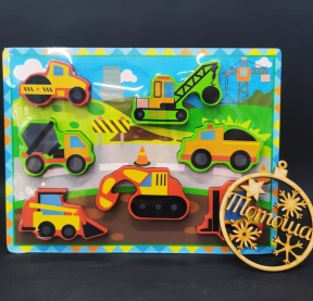 Об'ємний деревяний пазл, рамка - вкладка Транспорт, Будівельна техніка