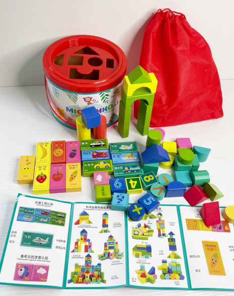 Дерев'яні блоки Містечко у відрі (цифри,транспорт,овочі,фрукти),сортер, MD 0938-1