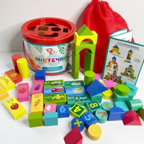 Дерев'яні блоки Містечко у відрі (цифри,транспорт,овочі,фрукти),сортер, MD 0938-1