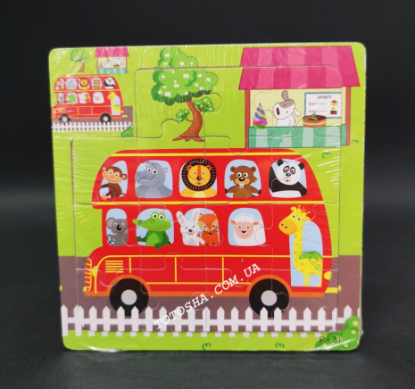 Деревяний пазл, рамка - вкладка Тварини і Транспорт - Автобус із звірями