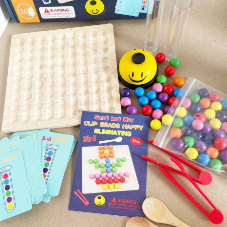 Дерев'яна іграшка на швидкість реакції (мозаїка) із картками, дерев'яними кульками, дзвінком та колбочками