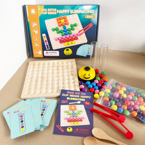 Дерев'яна іграшка на швидкість реакції (мозаїка) із картками, дерев'яними кульками, дзвінком та колбочками