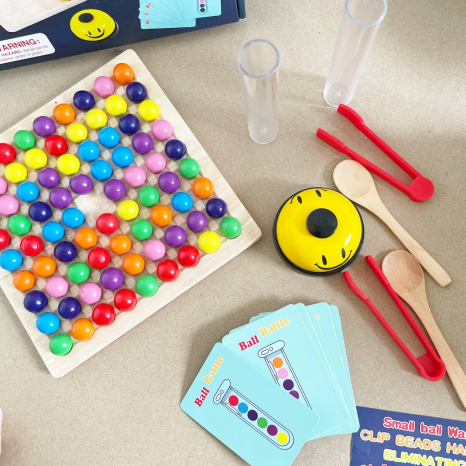 Дерев'яна іграшка на швидкість реакції (мозаїка) із картками, дерев'яними кульками, дзвінком та колбочками