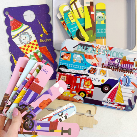 Пазли з паличок Транспорт двохсторонні, в металевій коробці 8 персонажів MD 1684