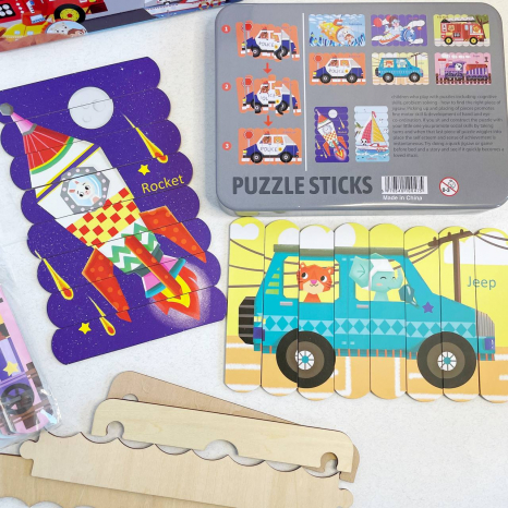 Пазли з паличок Транспорт двохсторонні, в металевій коробці 8 персонажів MD 1684