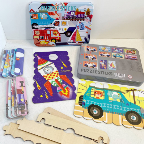 Пазли з паличок Транспорт двохсторонні, в металевій коробці 8 персонажів MD 1684