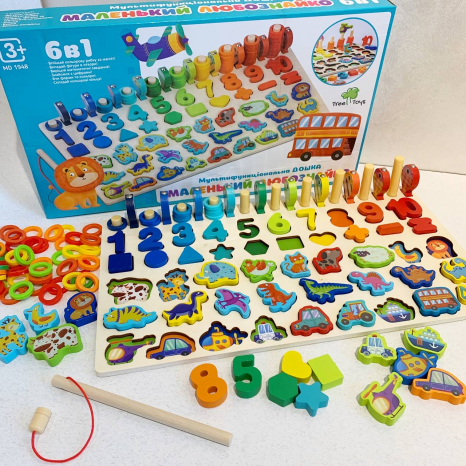 Дерев'яна багатофункціональна дощечка - сортер : цифри, транспорт, тварини, динозаври, фігури, риболовля MD 1948