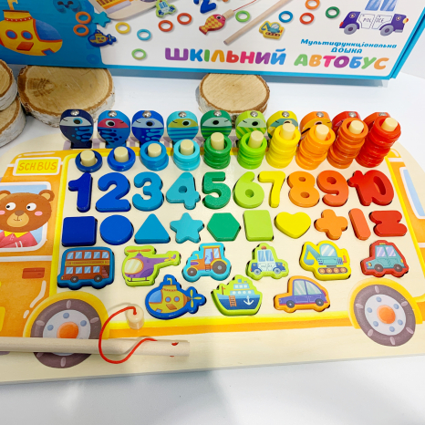Дерев'яна розвиваючий сортер Монтессорі з рибалкою (цифри, фігури, кольори, транспорт, лічба) MD 1949