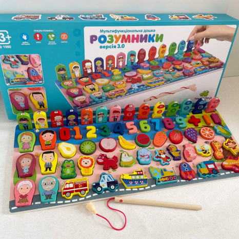 Дерев'яна багатофункціональна дошка з риболовлею магнітною,цифри,фрукти,транспорт,професії, MD 1980