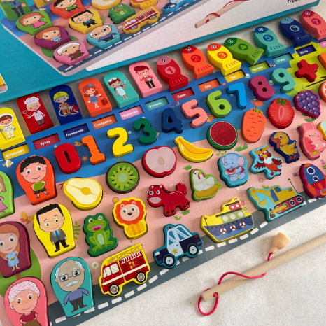 Дерев'яна багатофункціональна дошка з риболовлею магнітною,цифри,фрукти,транспорт,професії, MD 1980