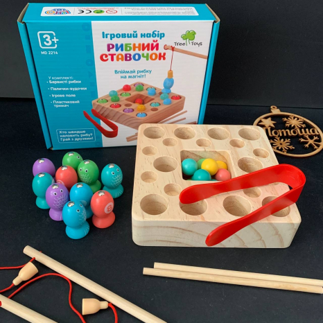 Деревянна гра 2 в 1 Гра із пінцетом, магнітна рибалка MD 2214