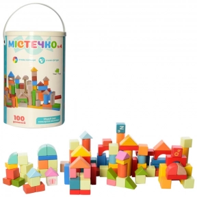 Конструктор дерев'яний Містечко із малюнками та цифрами у відрі, 100 деталей