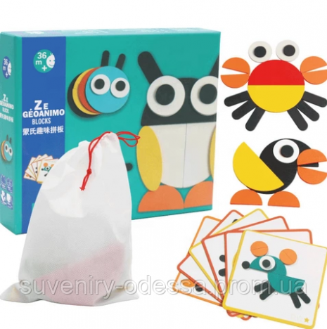 Дерев'яна іграшка Мозаїка Геометричні блоки із картками завдань Ze Geoanimo, MD 2786