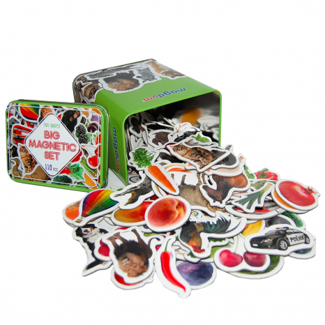 Подарунковий набір магнітів (тварини, транспорт, фрукти, овочі) 110 елементів Magdum ML4031-63 EN