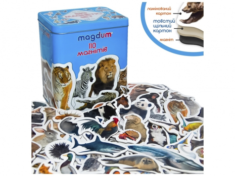 Подарунковий набір магнітів: тварини, птахи, морські мешканці 110 ел., Magdum. ML4032-24 EN