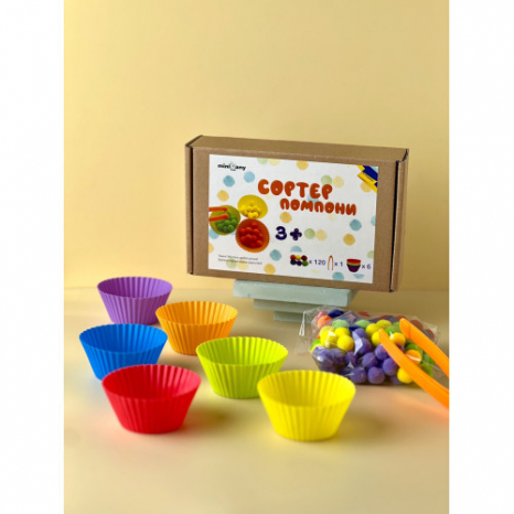 Гра на вивчення кольорів та розвиток моторики Сортер помпони з пінцетом