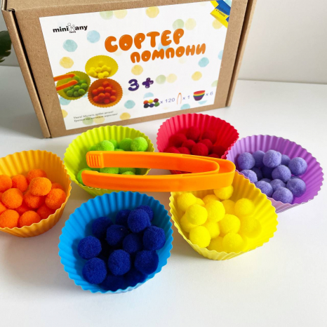 Гра на вивчення кольорів та розвиток моторики Сортер помпони з пінцетом