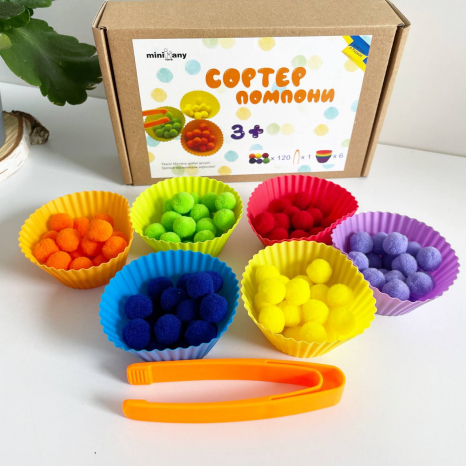 Гра на вивчення кольорів та розвиток моторики Сортер помпони з пінцетом