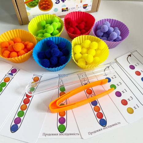 Логічна гра з картками завданнями, помпонами, пінцетом, формочками та пробіркою, MMT-029