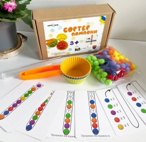 Логічна гра з картками завданнями, помпонами, пінцетом, формочками та пробіркою, MMT-029
