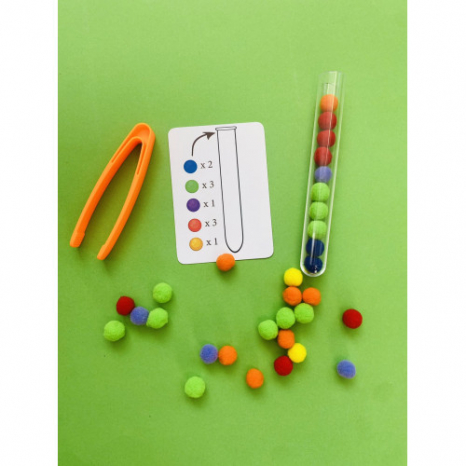 Логічна гра з картками завданнями, помпонами, пінцетом, формочками та пробіркою, MMT-029