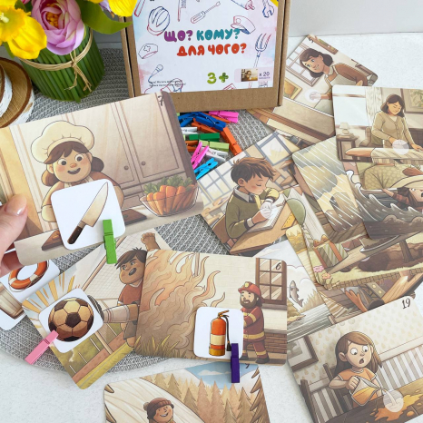 Логічна розвиваюча гра з картками завданнями та прищіпками Що? Кому? Навіщо?