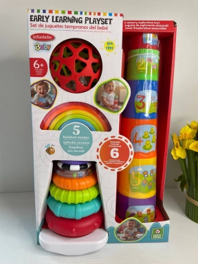 Детский набор игрушек 4 в 1: пирамидка с текстурными кольцами, башня, безосевая пирамидка, мячик