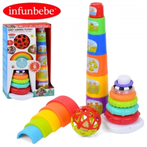 Детский набор игрушек 4 в 1: пирамидка с текстурными кольцами, башня, безосевая пирамидка, мячик