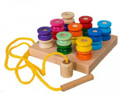 Дерев'яна іграшка шнурівка Пірамідка Котушки в коробці