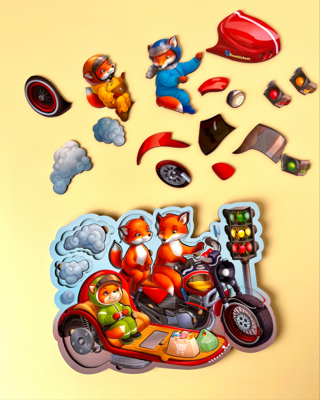 Багатошаровий пазл -  вкладка Лисенята на мотоциклі Ань-Янь  ПСД211